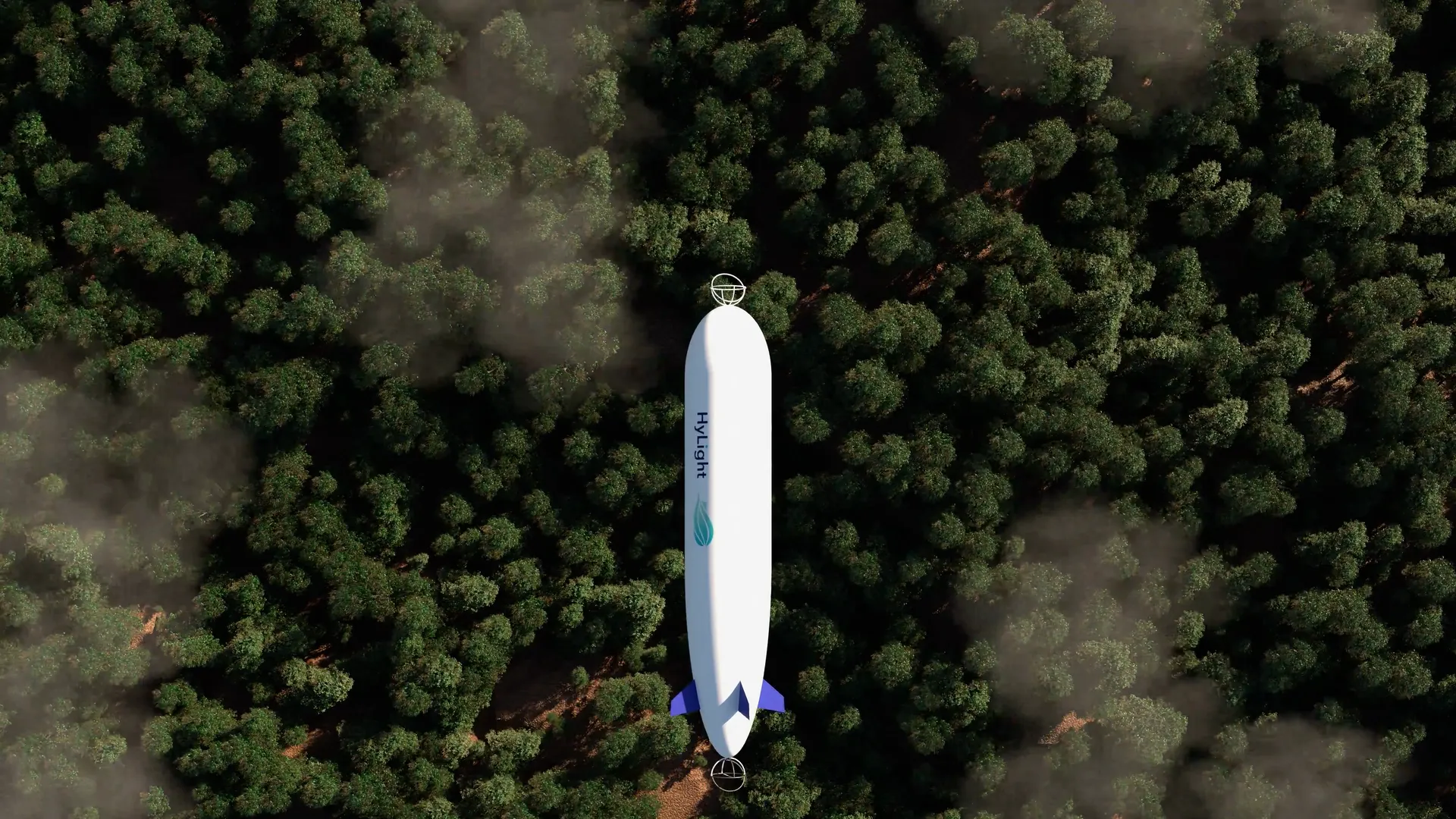 Aerial view of a white Hylight airship flying over a dense forest, from the Hylight website by Mugdha Studios