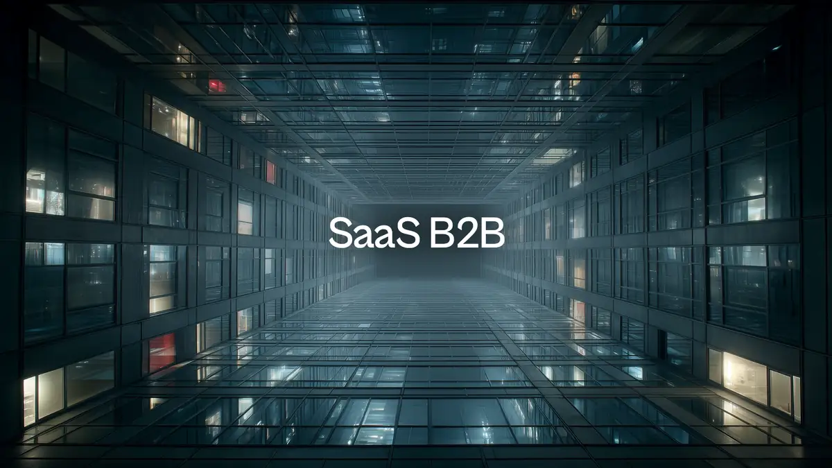 SaaS B2B: a glass atrium seen straight up, floor after floor of lit offices
