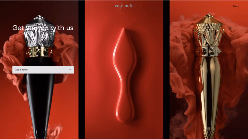 Une Autre Île Productions website: three red advertising stills of ornate lipstick cases