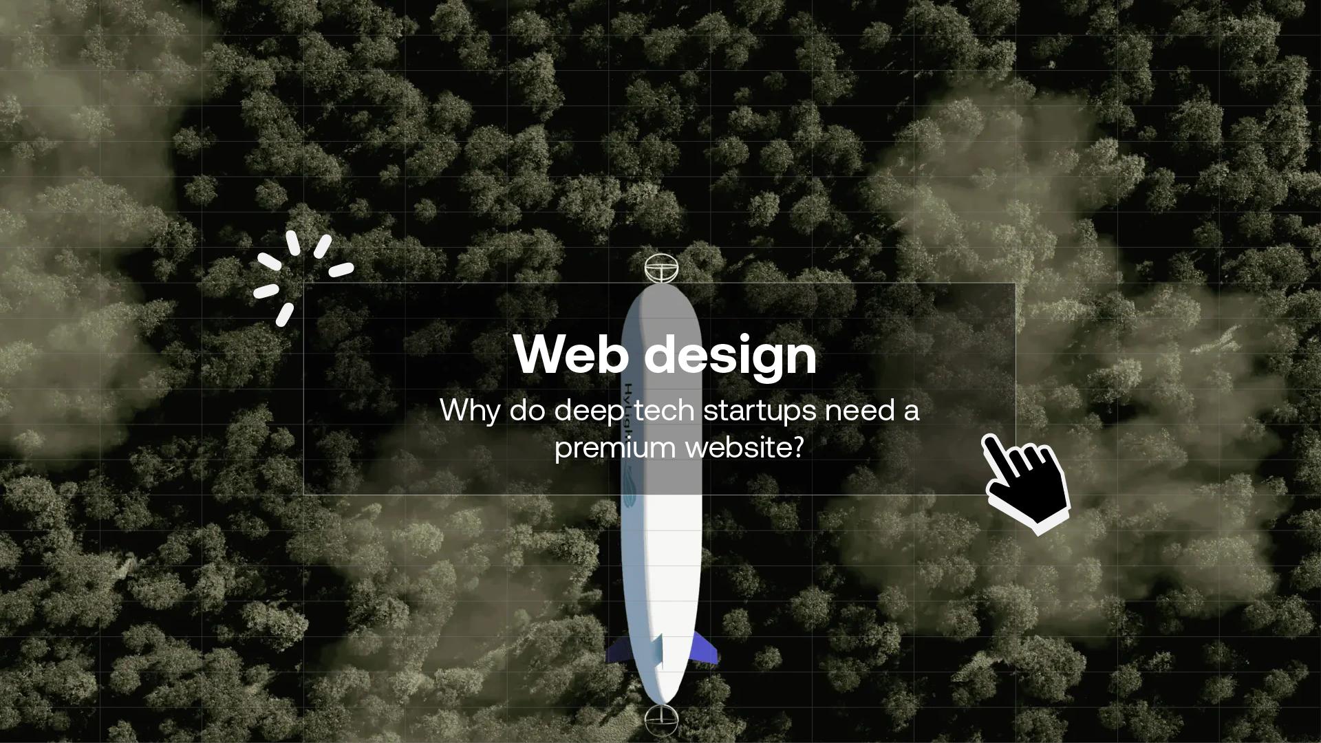 Aerial view of a white airship above a dense forest, overlaid with a “Web design” title card