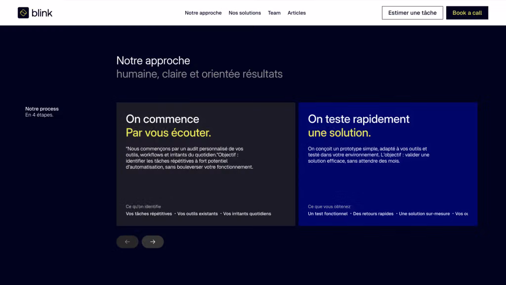 Blink website: the “Notre approche” section, two process cards on a navy background