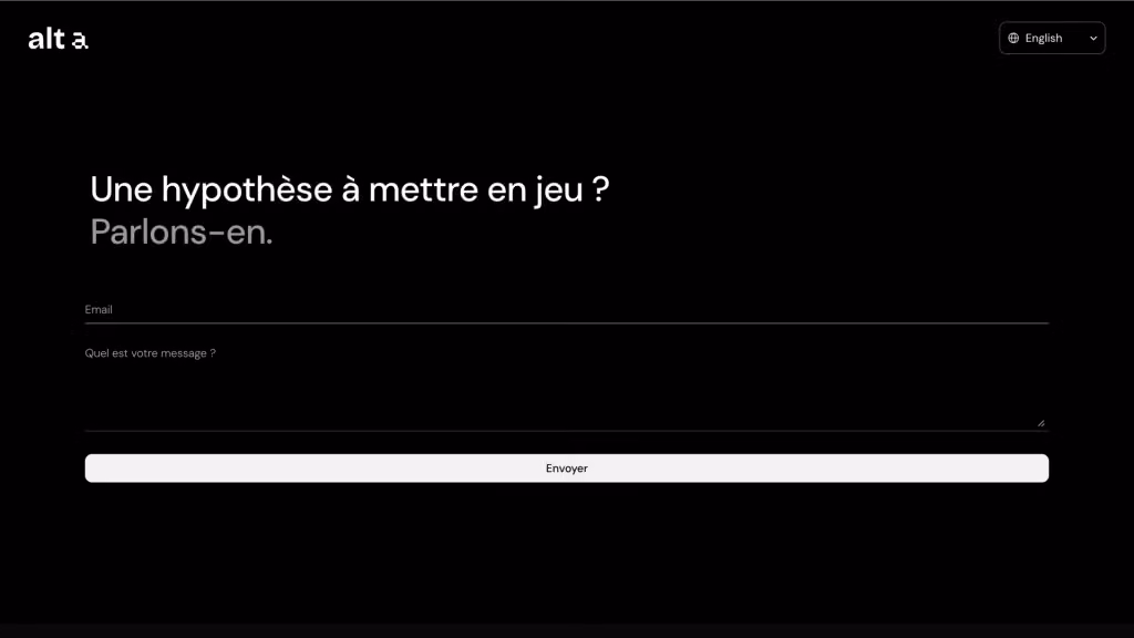 Alt-a contact section: “Une hypothèse à mettre en jeu ? Parlons-en.” above an email and message form