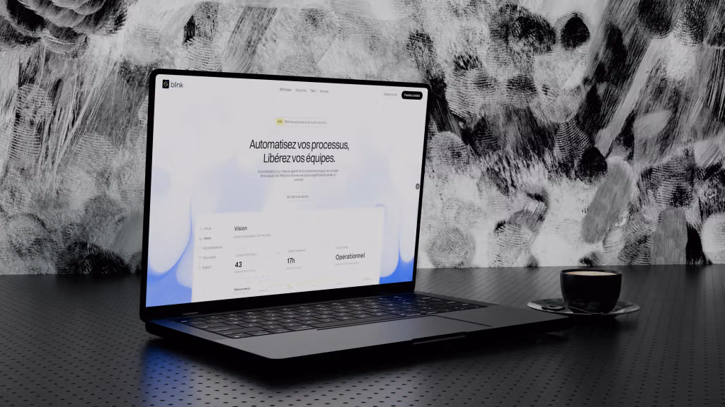 The Blink website open on a laptop: “Automatisez vos processus, libérez vos équipes” above a dashboard card