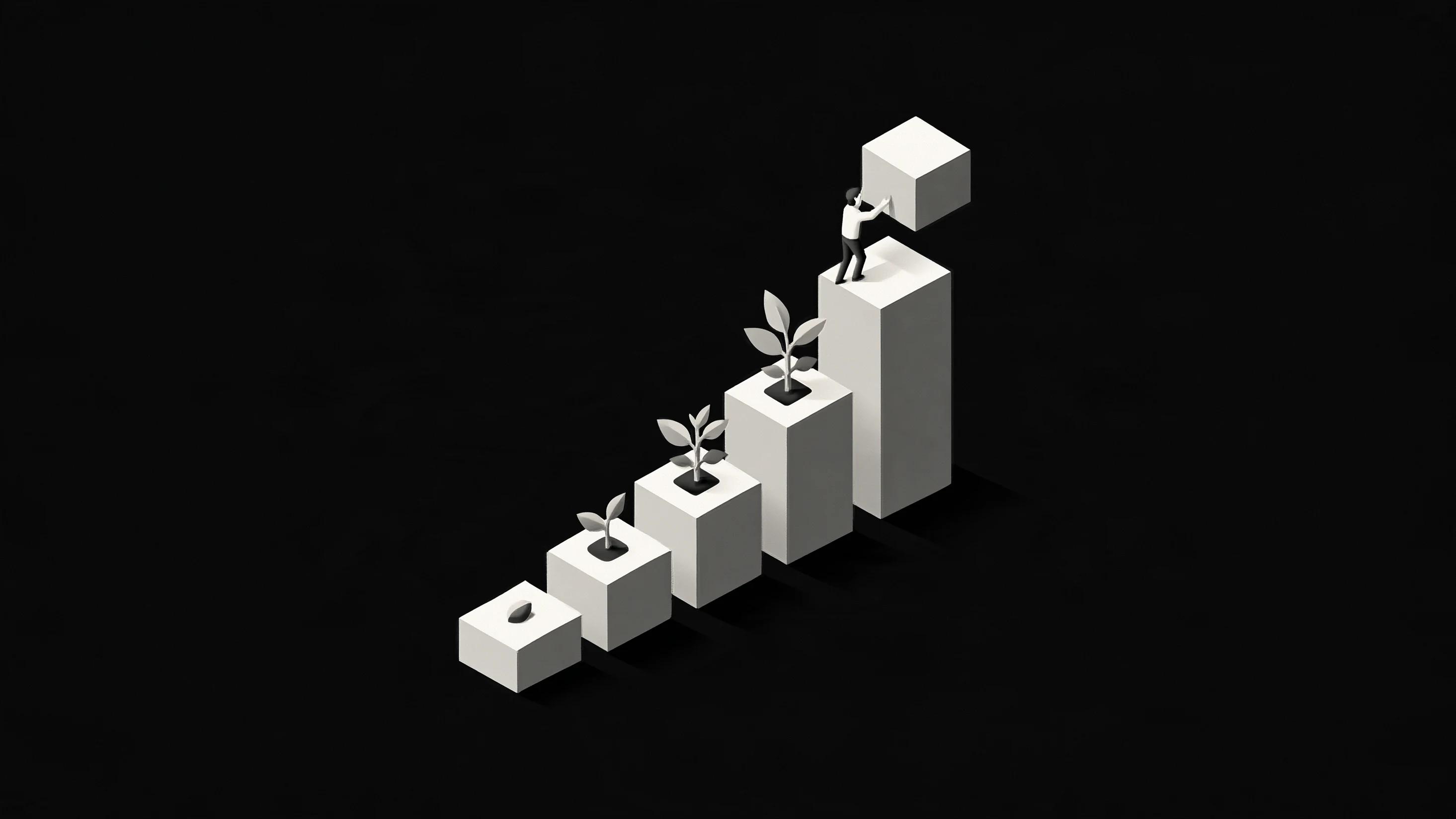 Isometric white blocks rising like stairs on black, a seed sprouting on each step and a figure placing the top block