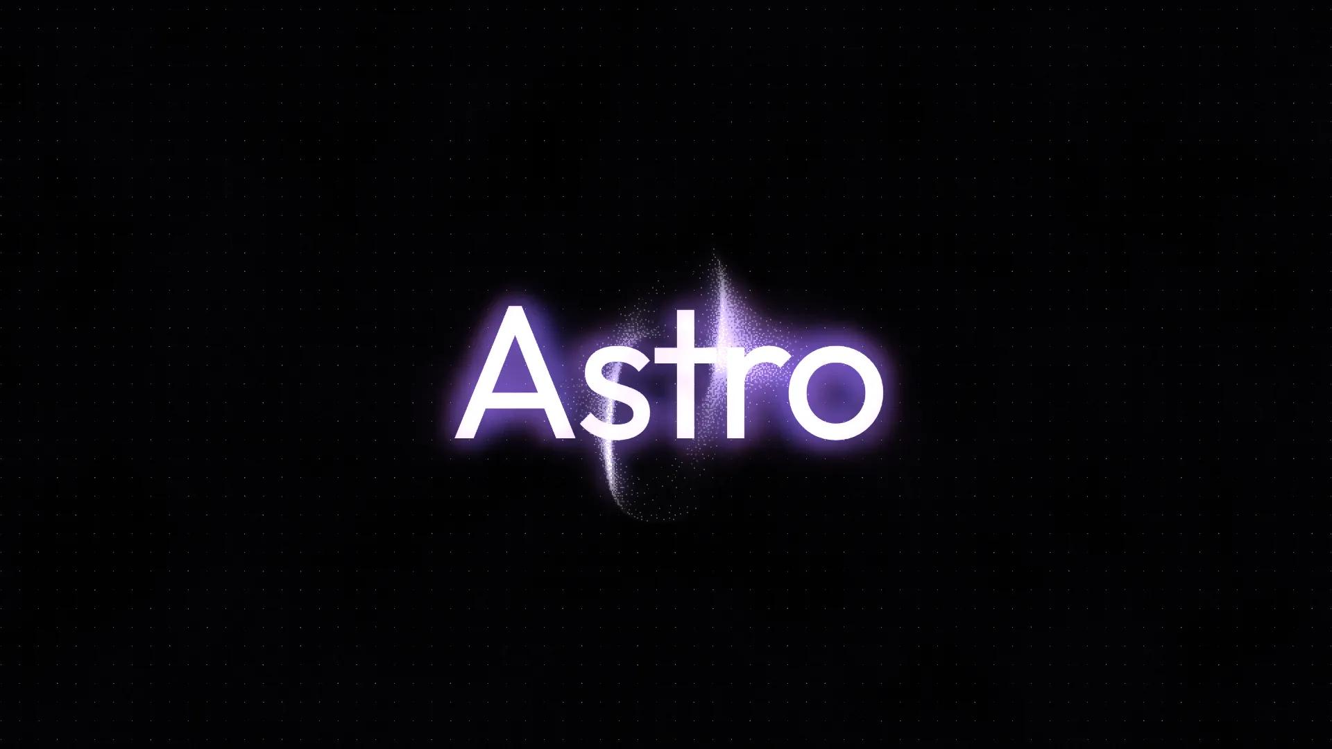 The Astro wordmark glowing purple on a black starfield