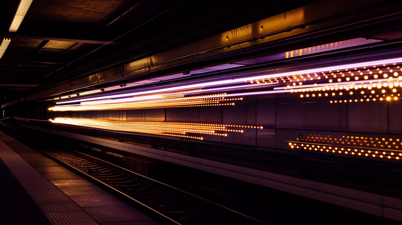 Pink and orange light trails streaking along an empty underground platform