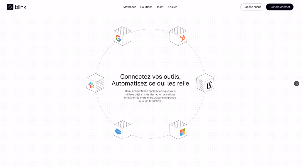Blink website: “Connectez vos outils, automatisez ce qui les relie” circled by app icons such as Google, HubSpot, Notion and Slack